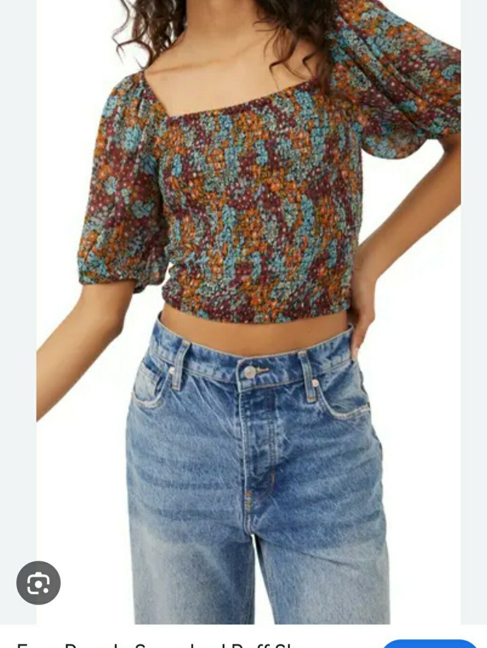 Smocked Square-Neck Puff Sleeve Crop Top - Multi Floral FREE PEOPLE
